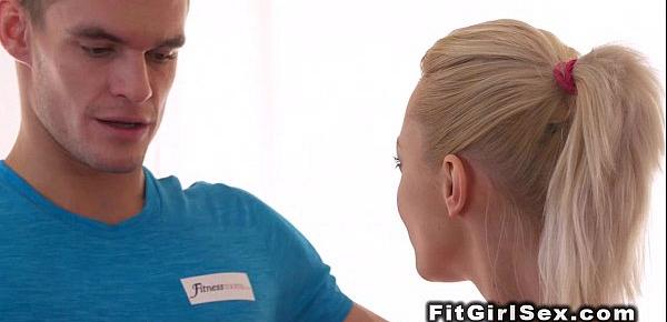  Blonde sucks long cock to fitness trainer